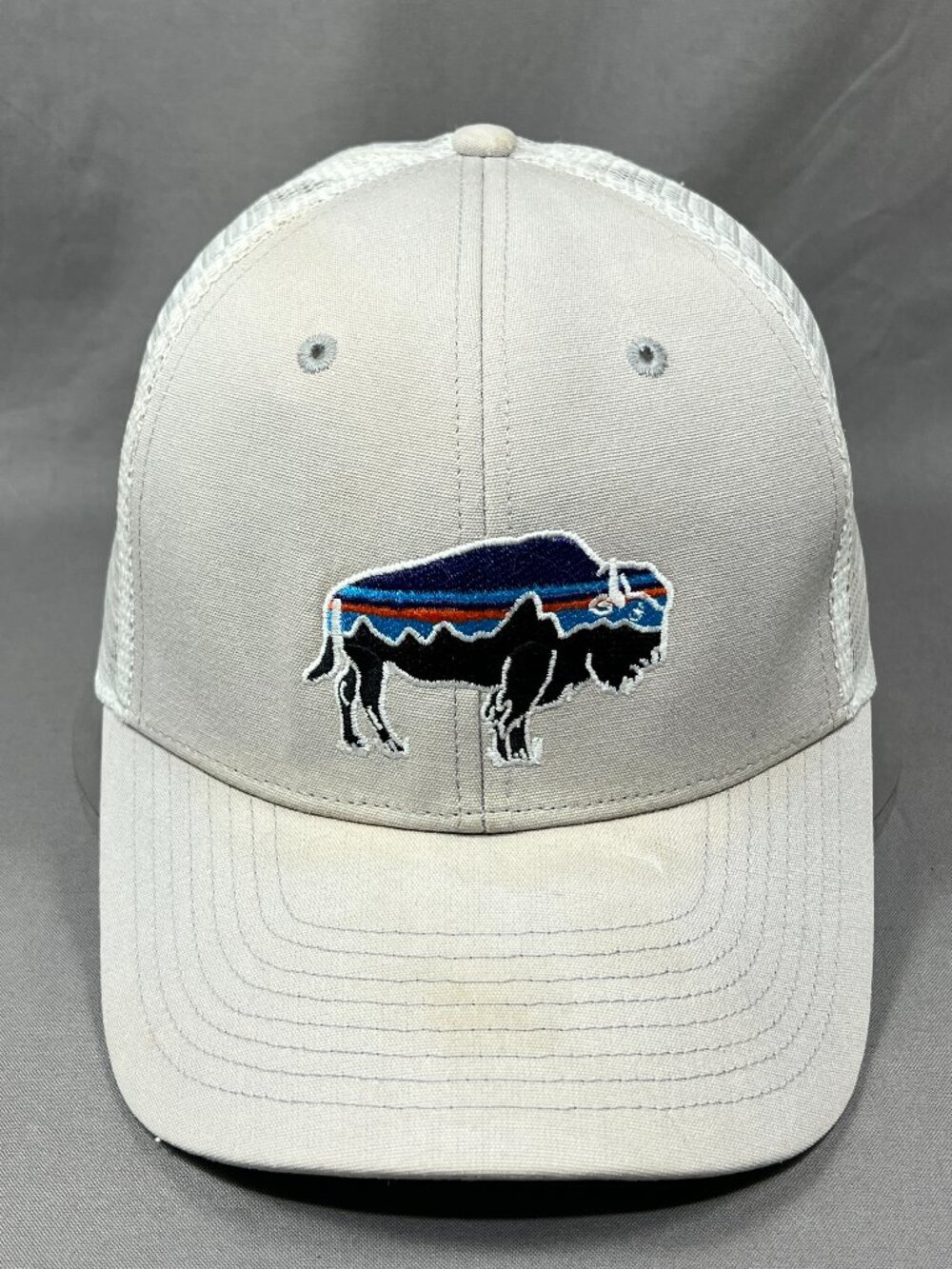 Patagonia Fitz Roy Bison Snapback Hat Cap Cream Trucker Mesh Hiking Outdoor Mens